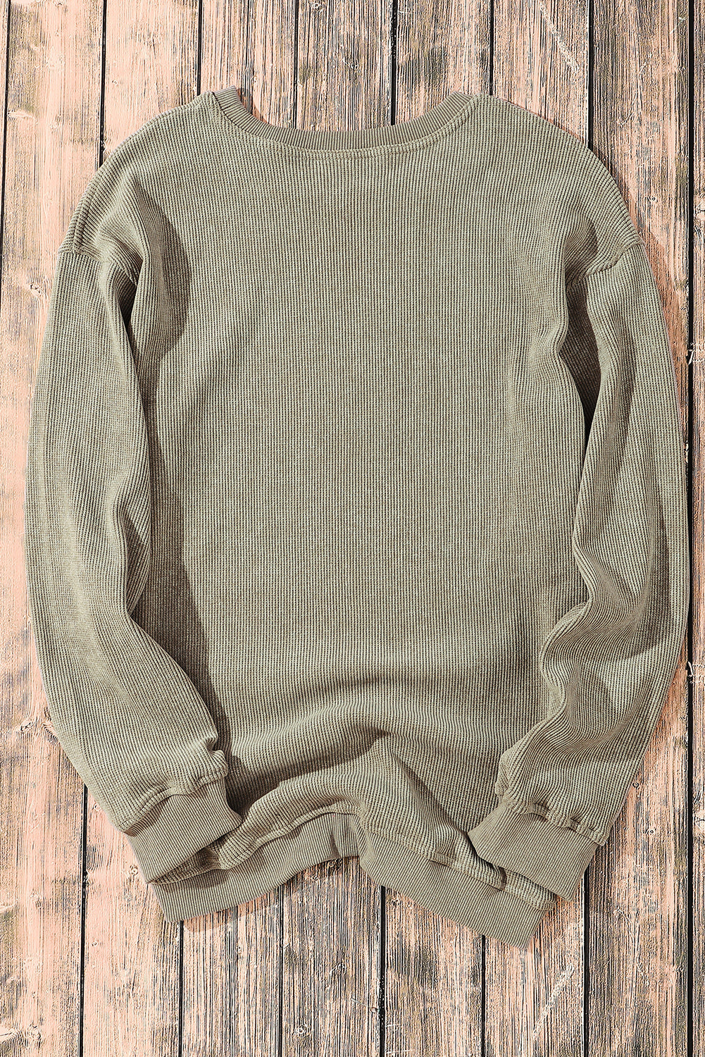 Sudadera Rosa Sólida de Punto Acanalado y Cuello Redondo