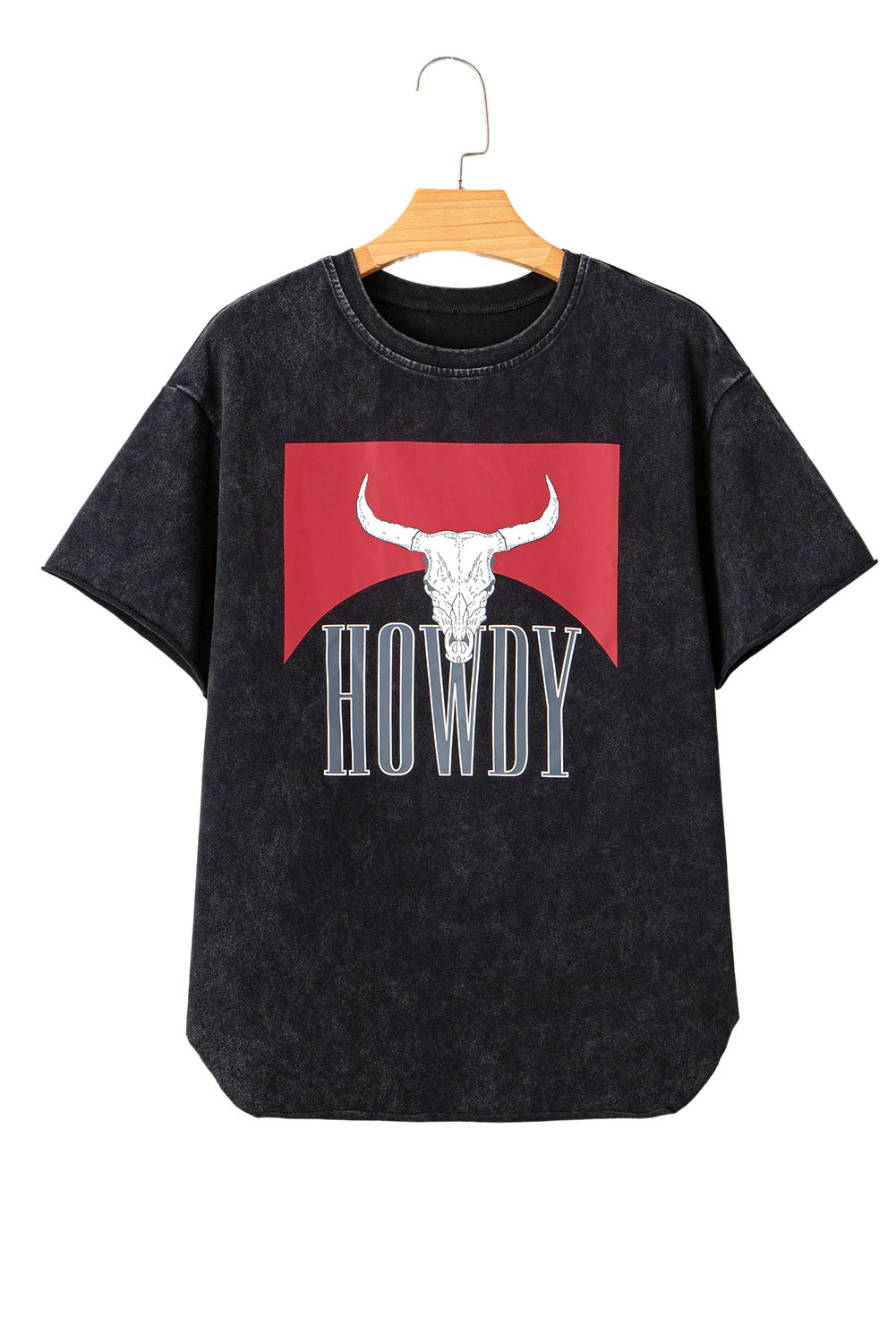 Camiseta suelta con aberturas laterales y estampado de cabeza de buey "HOWDY" de estilo occidental negro