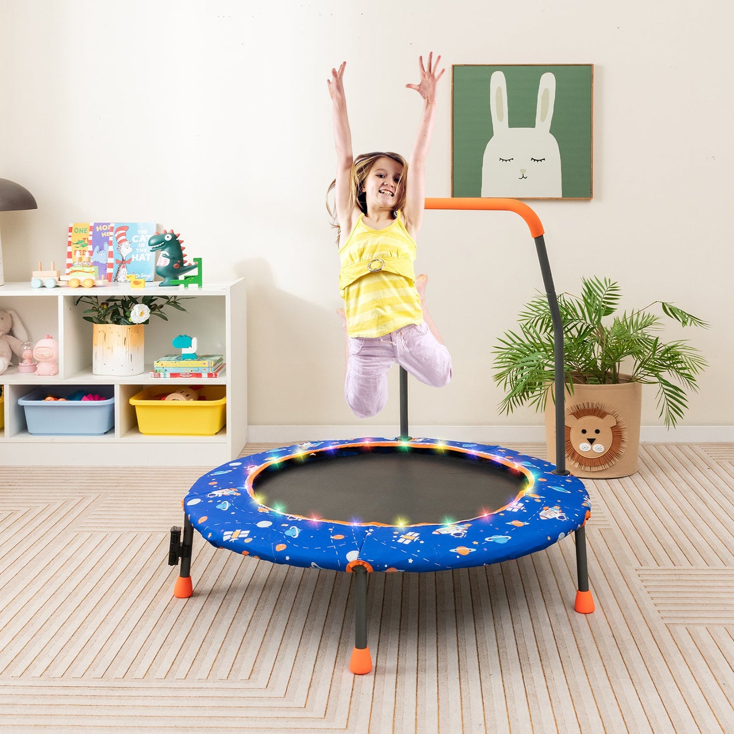Mini trampolín de 36 pulgadas con luces LED coloridas y altavoz Bluetooth - Azul