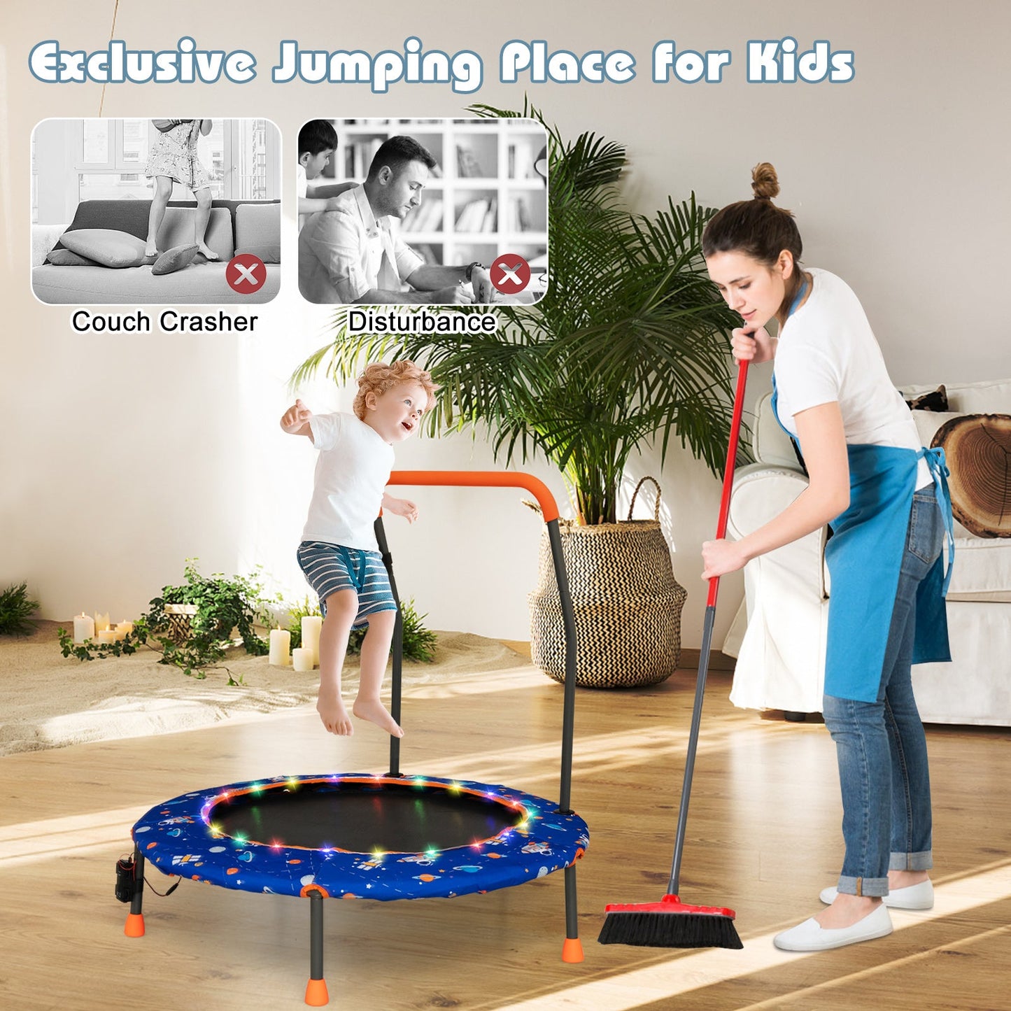 Mini trampolín de 36 pulgadas con luces LED coloridas y altavoz Bluetooth - Azul