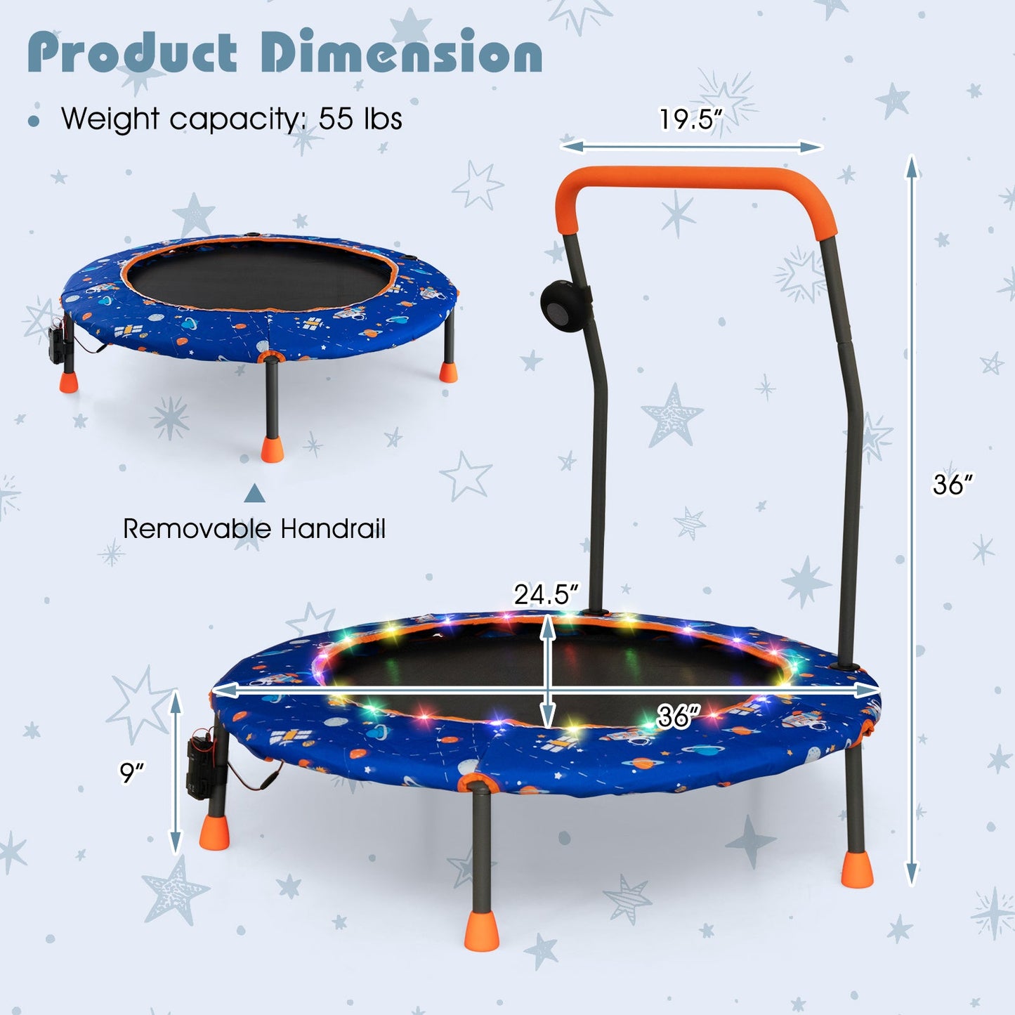 Mini trampolín de 36 pulgadas con luces LED coloridas y altavoz Bluetooth - Azul