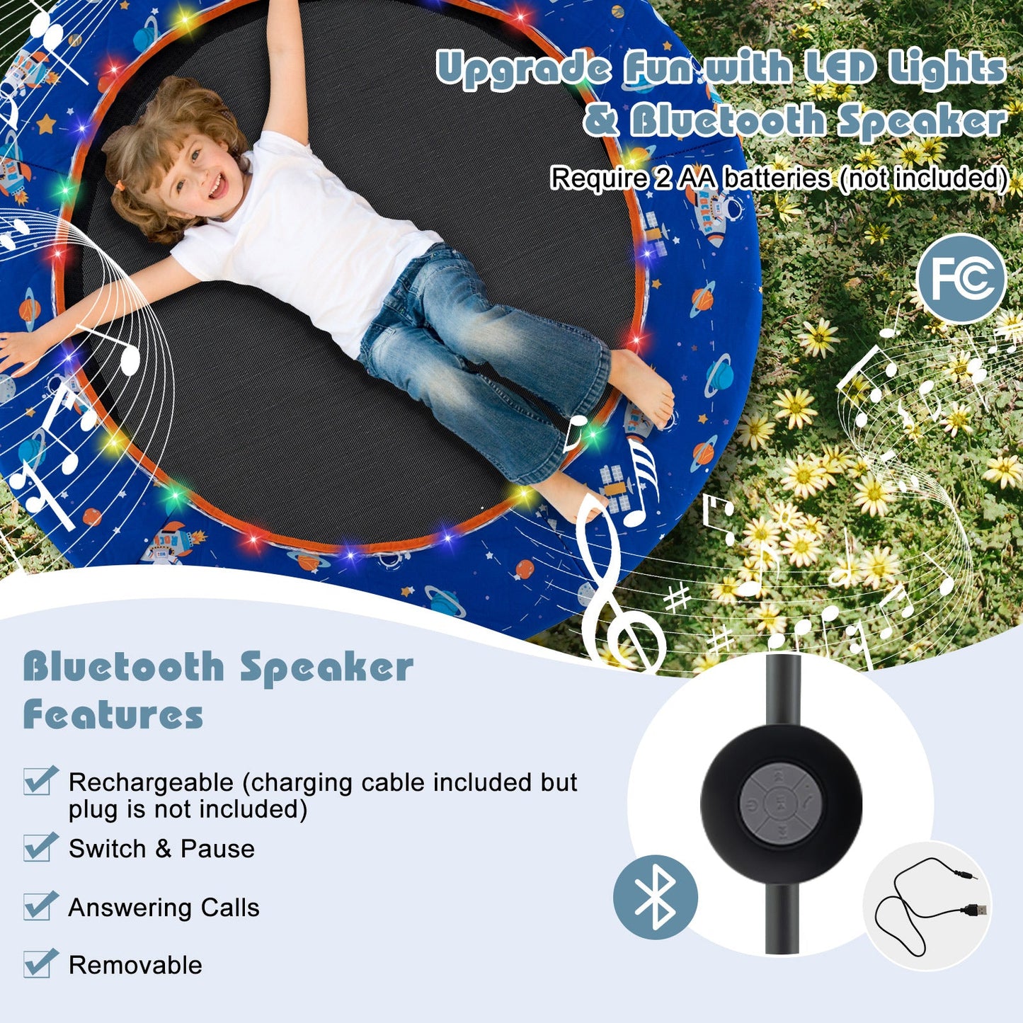 Mini trampolín de 36 pulgadas con luces LED coloridas y altavoz Bluetooth - Azul