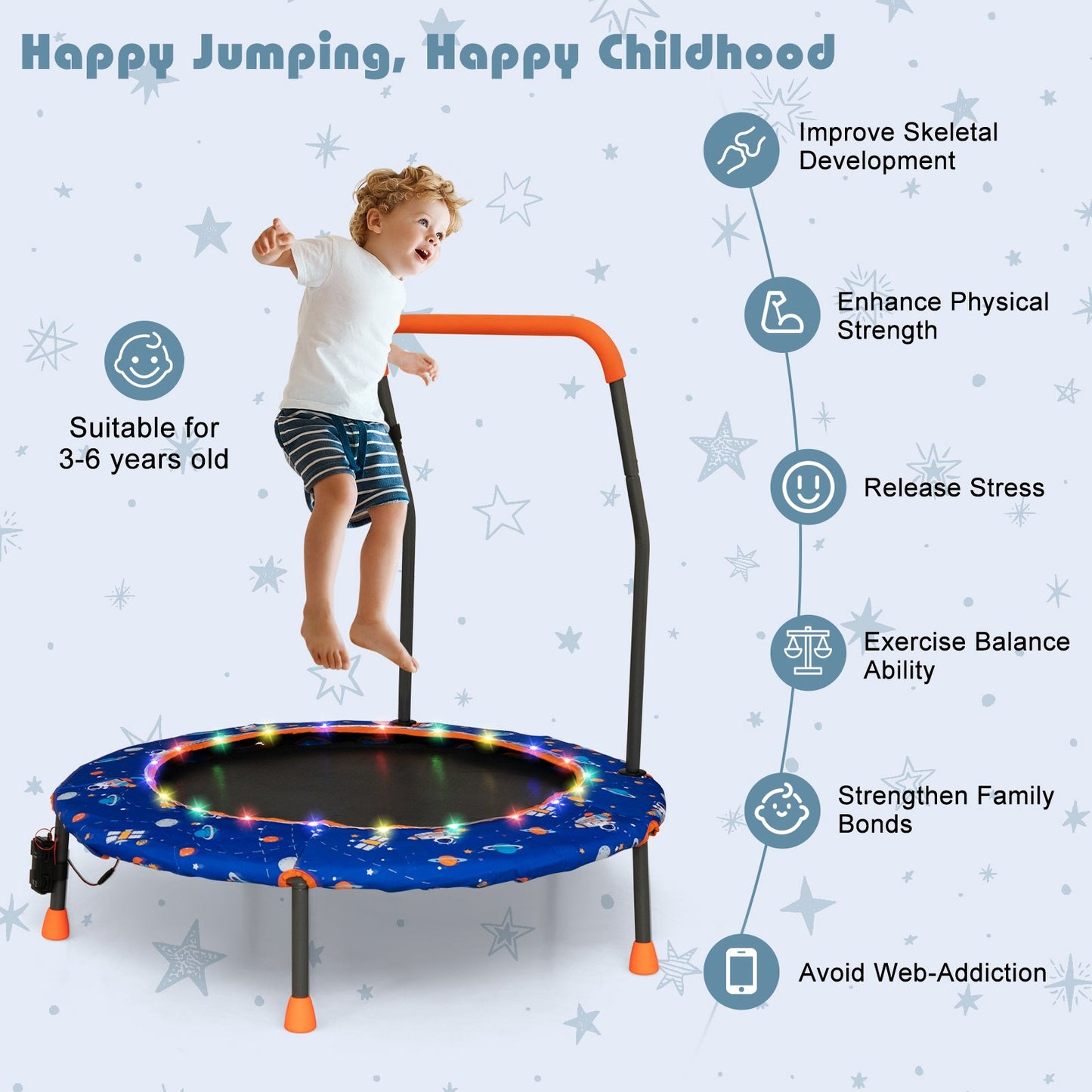 Mini trampolín de 36 pulgadas con luces LED coloridas y altavoz Bluetooth - Azul