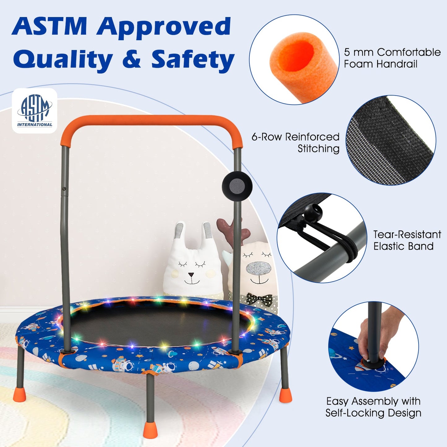 Mini trampolín de 36 pulgadas con luces LED coloridas y altavoz Bluetooth - Azul
