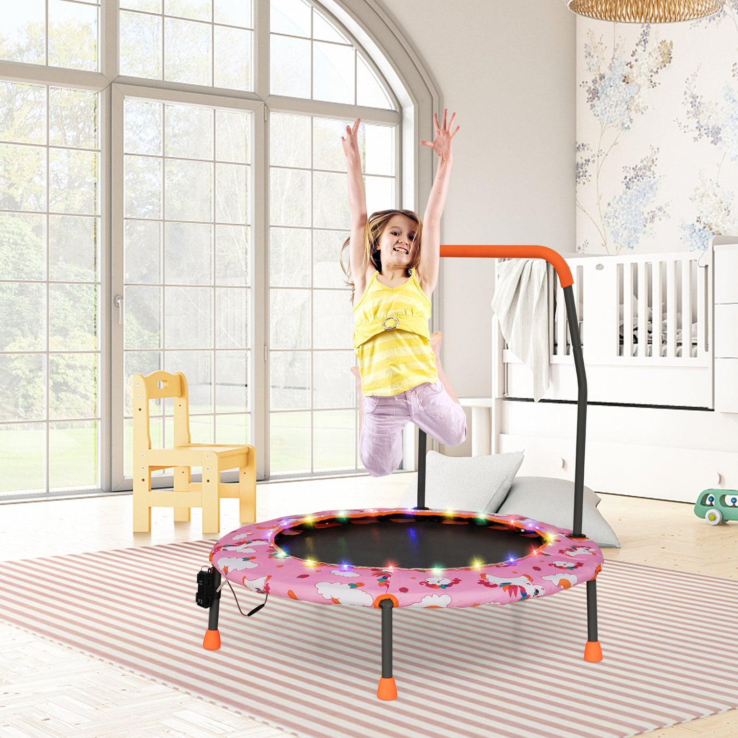 Mini trampolín de 36 pulgadas con luces LED de colores y altavoz Bluetooth - Rosa