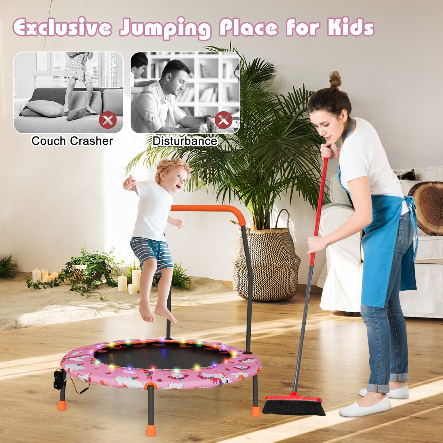 Mini trampolín de 36 pulgadas con luces LED de colores y altavoz Bluetooth - Rosa