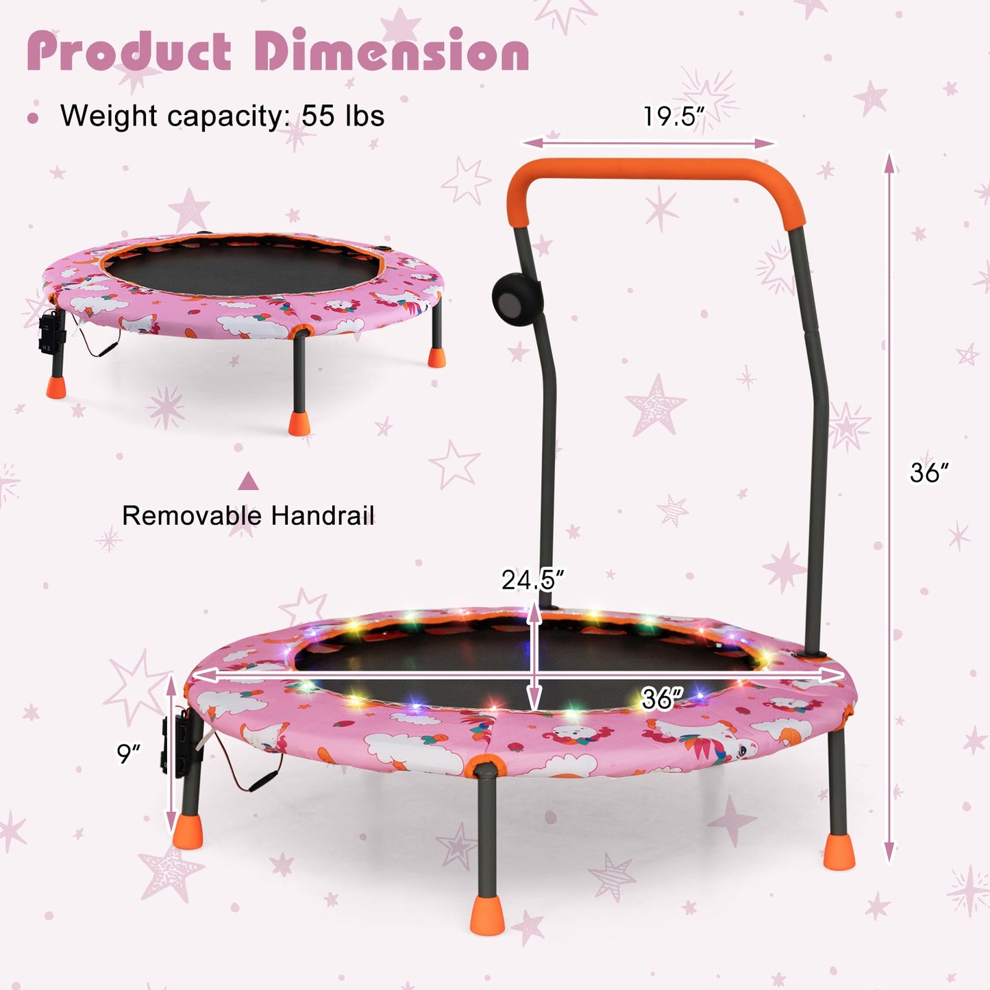 Mini trampolín de 36 pulgadas con luces LED de colores y altavoz Bluetooth - Rosa