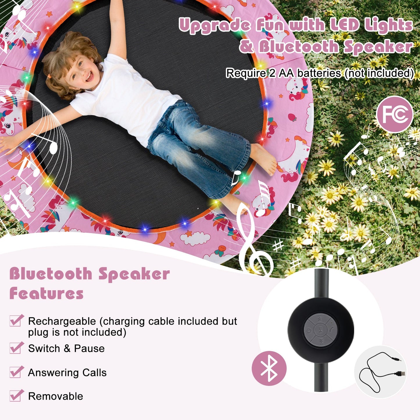 Mini trampolín de 36 pulgadas con luces LED de colores y altavoz Bluetooth - Rosa
