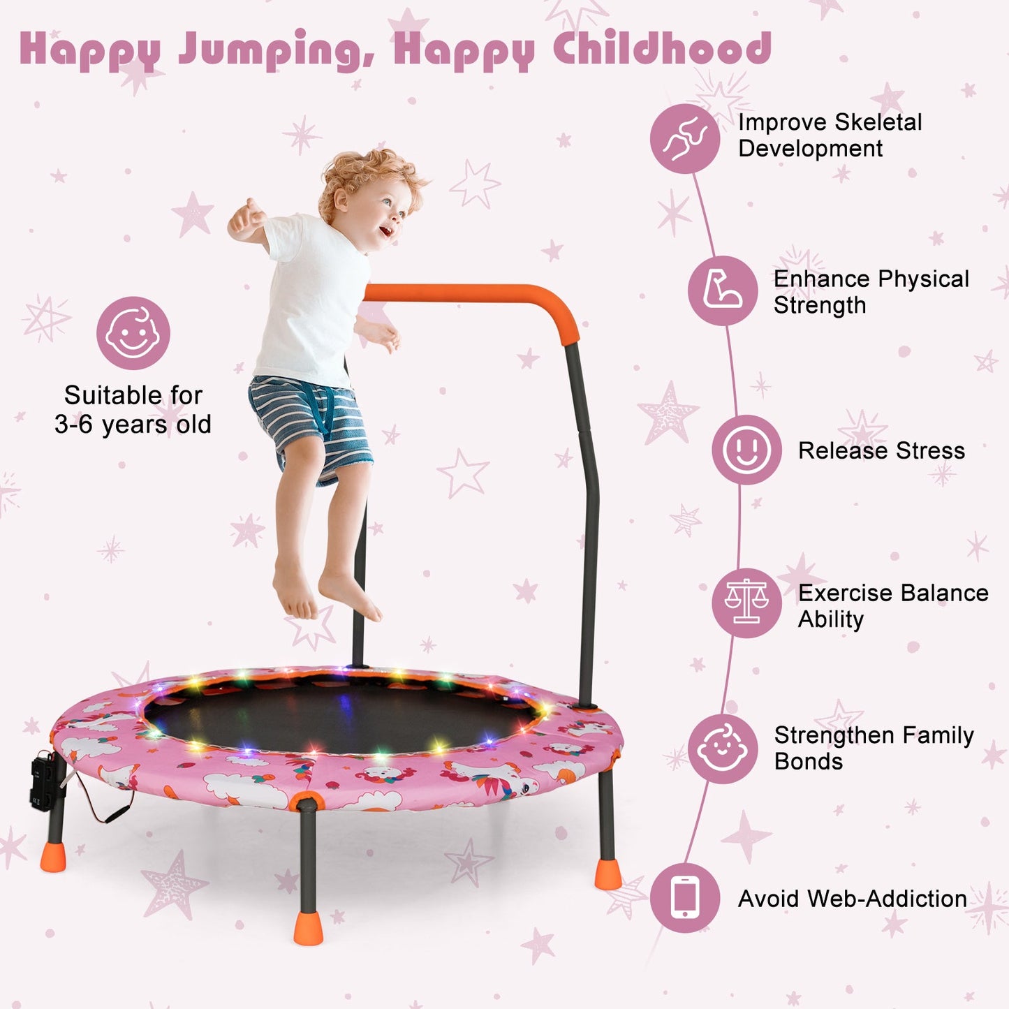 Mini trampolín de 36 pulgadas con luces LED de colores y altavoz Bluetooth - Rosa