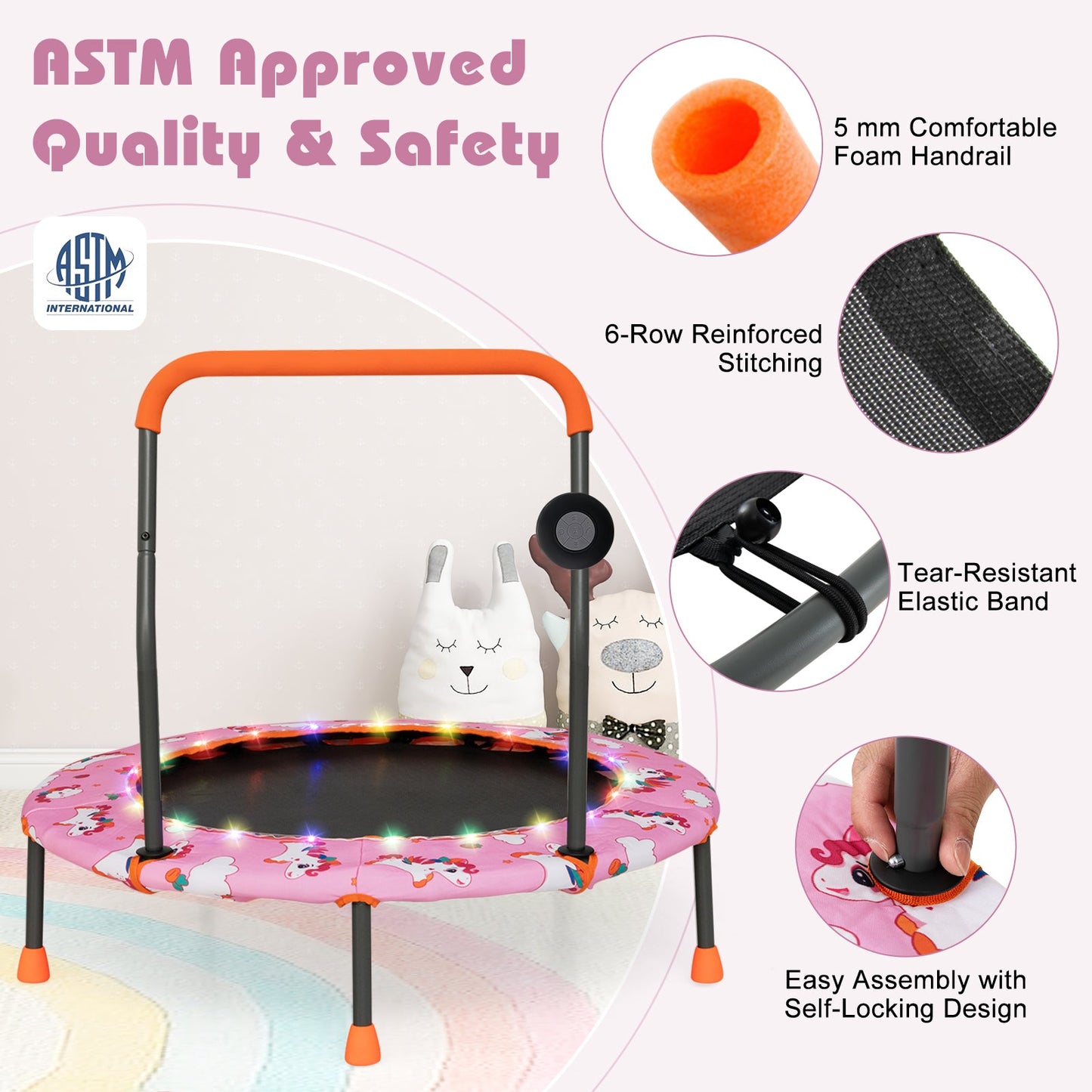 Mini trampolín de 36 pulgadas con luces LED de colores y altavoz Bluetooth - Rosa