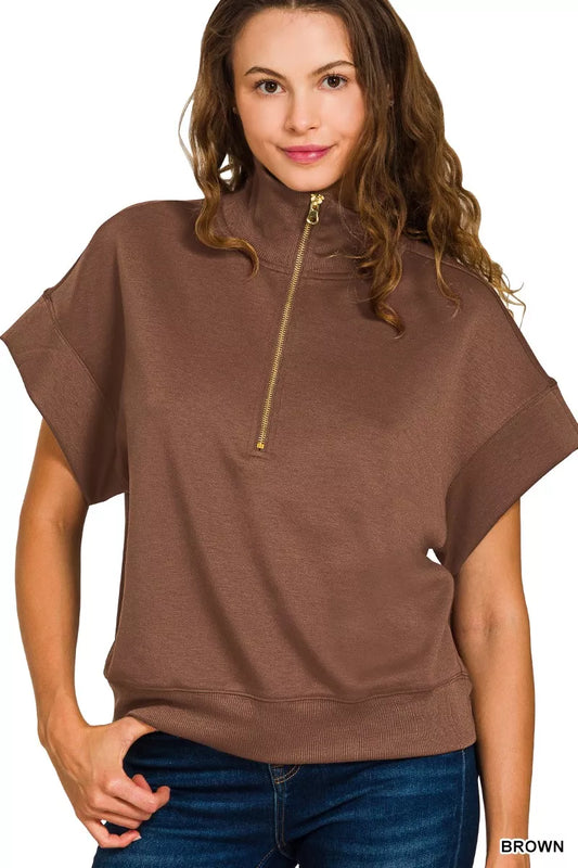 Zenana Full Size Scuba High Neck Half Zip Short Sleeve Top Plus Size in Brown