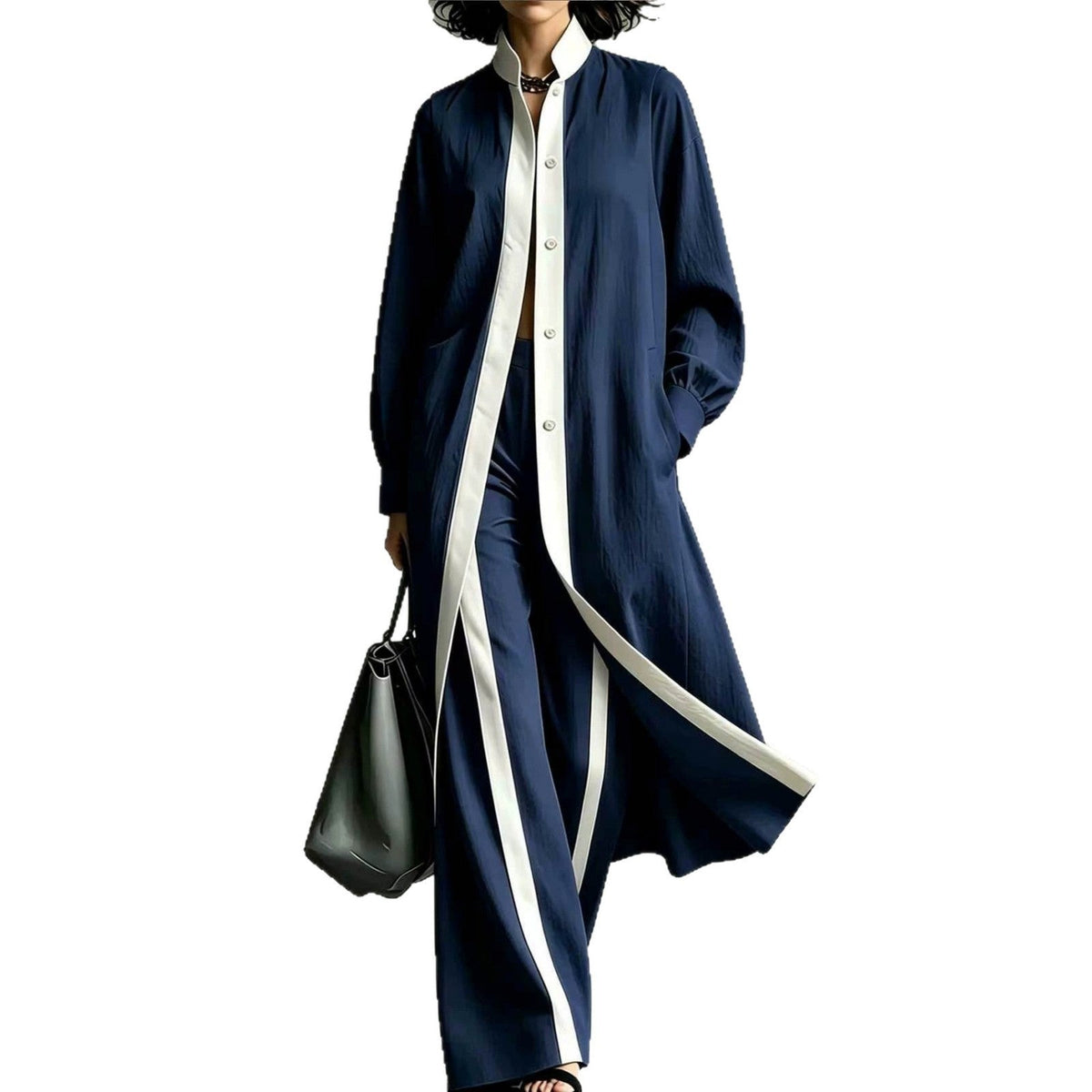 Womens Color-Block Loose-Fit Fashion Long-Sleeve Coat And Pants Set