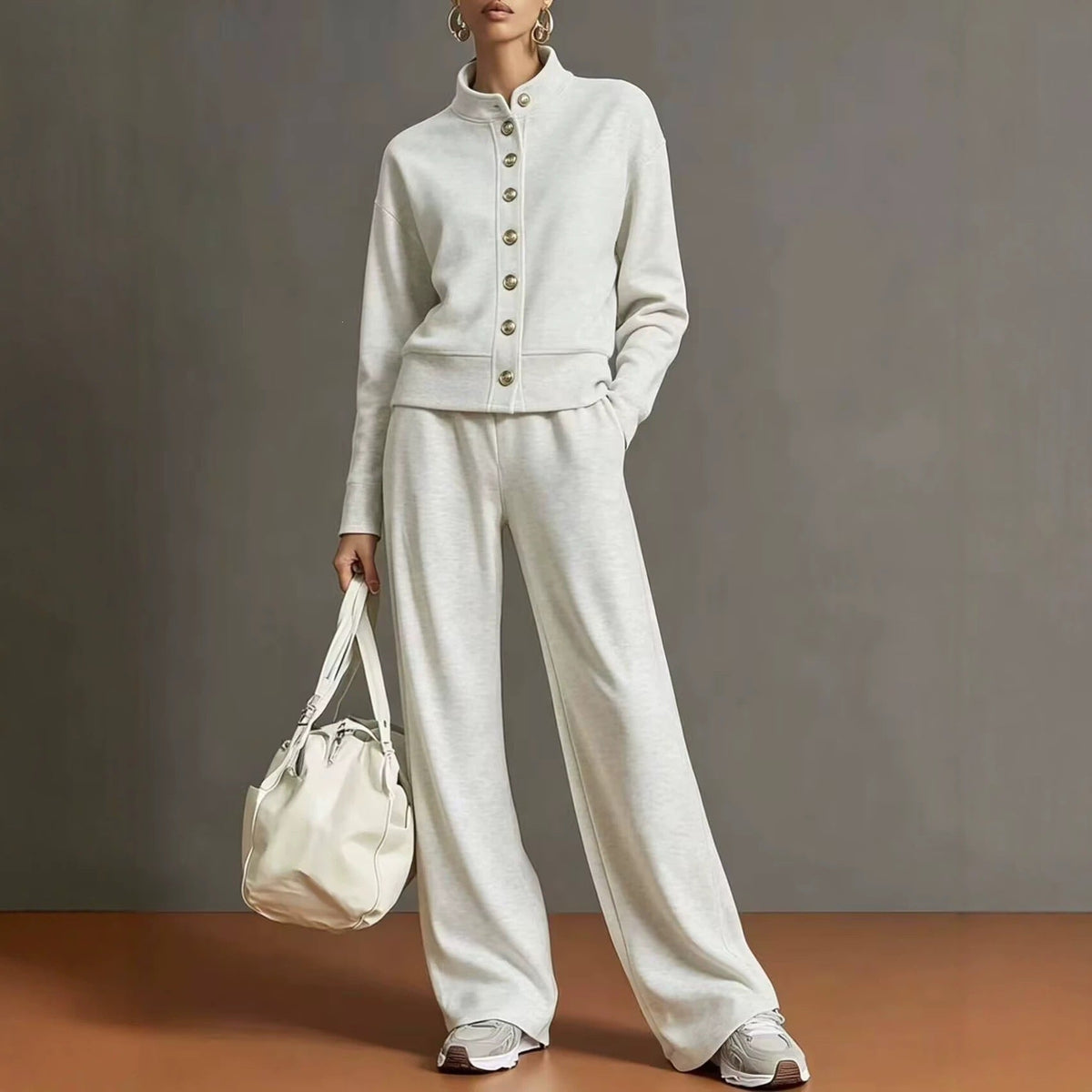 Women's Stand-Collar Button Cardigan & Wide-Leg Pants Set