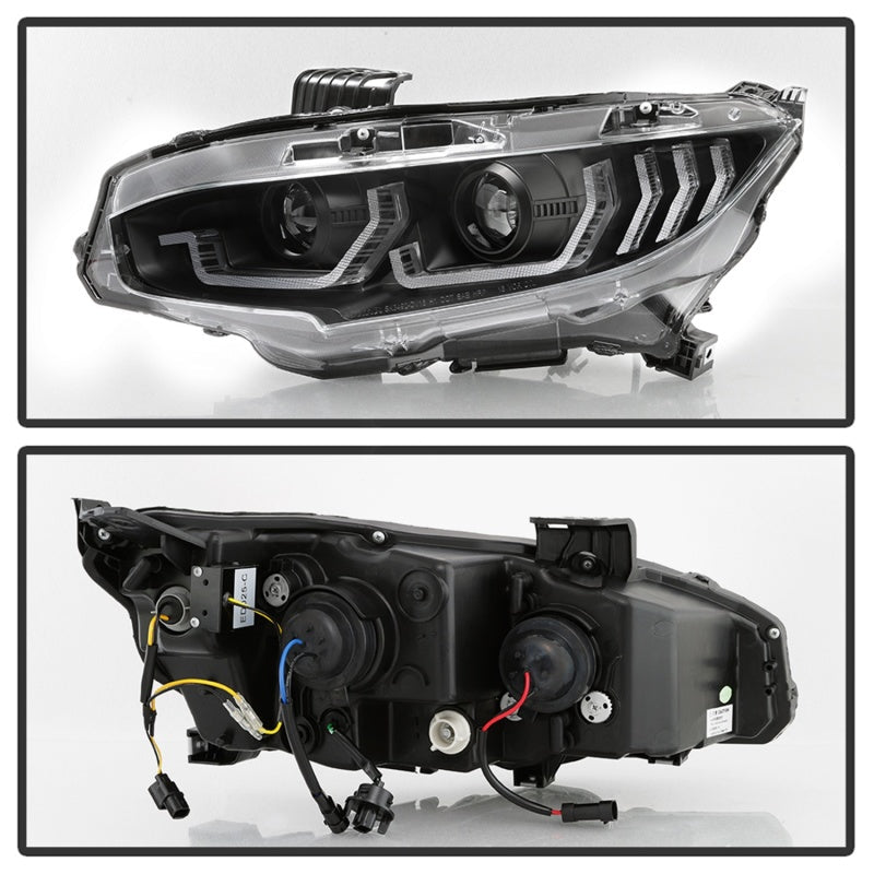 Spyder 16-18 Honda Civic 4 puertas con luces de giro secuenciales LED Proyector de faros - Negro - PRO-YD-HC16-SEQ-BK