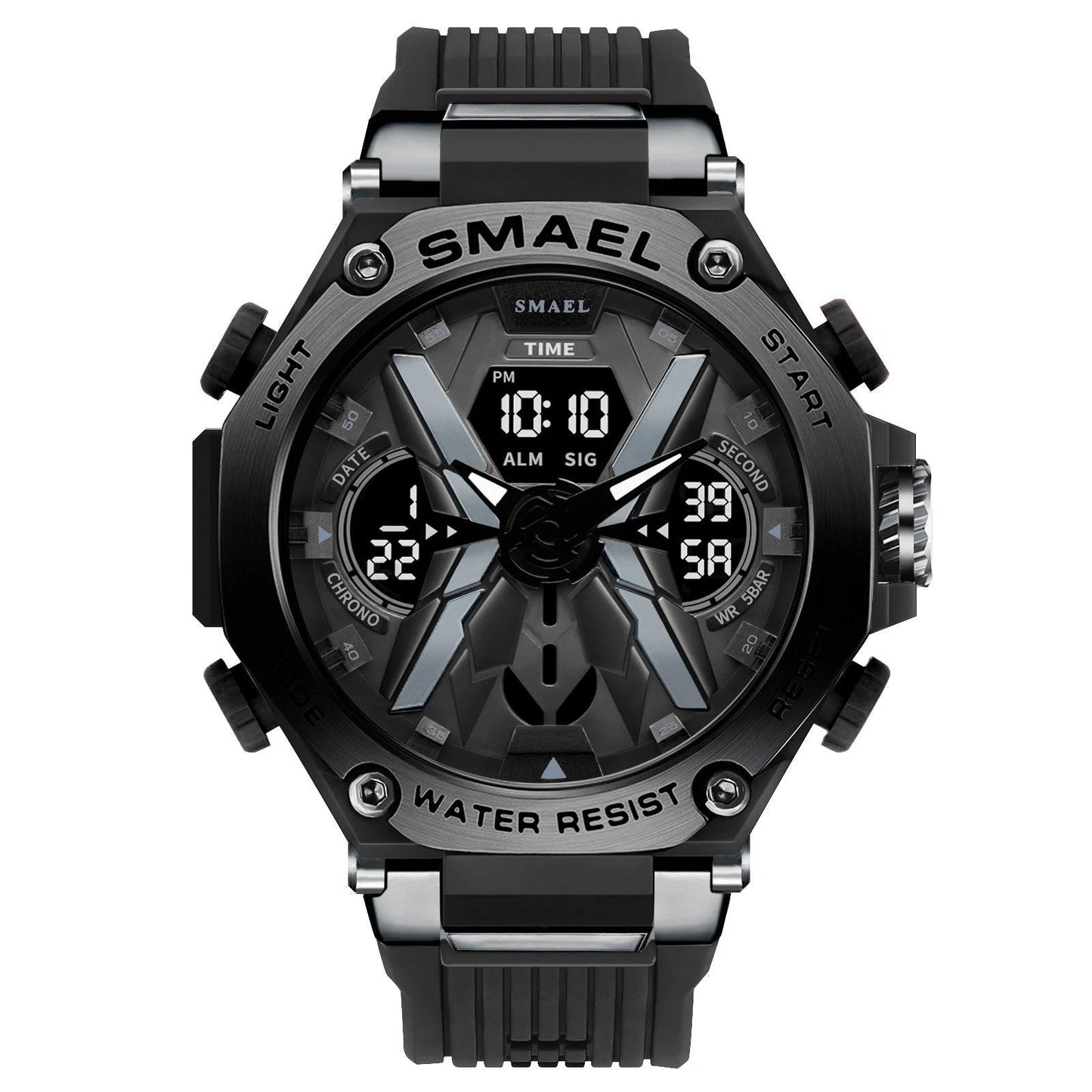 Men's Multifunctional Digital Double Display Waterproof Alloy Sports Quartz Watch