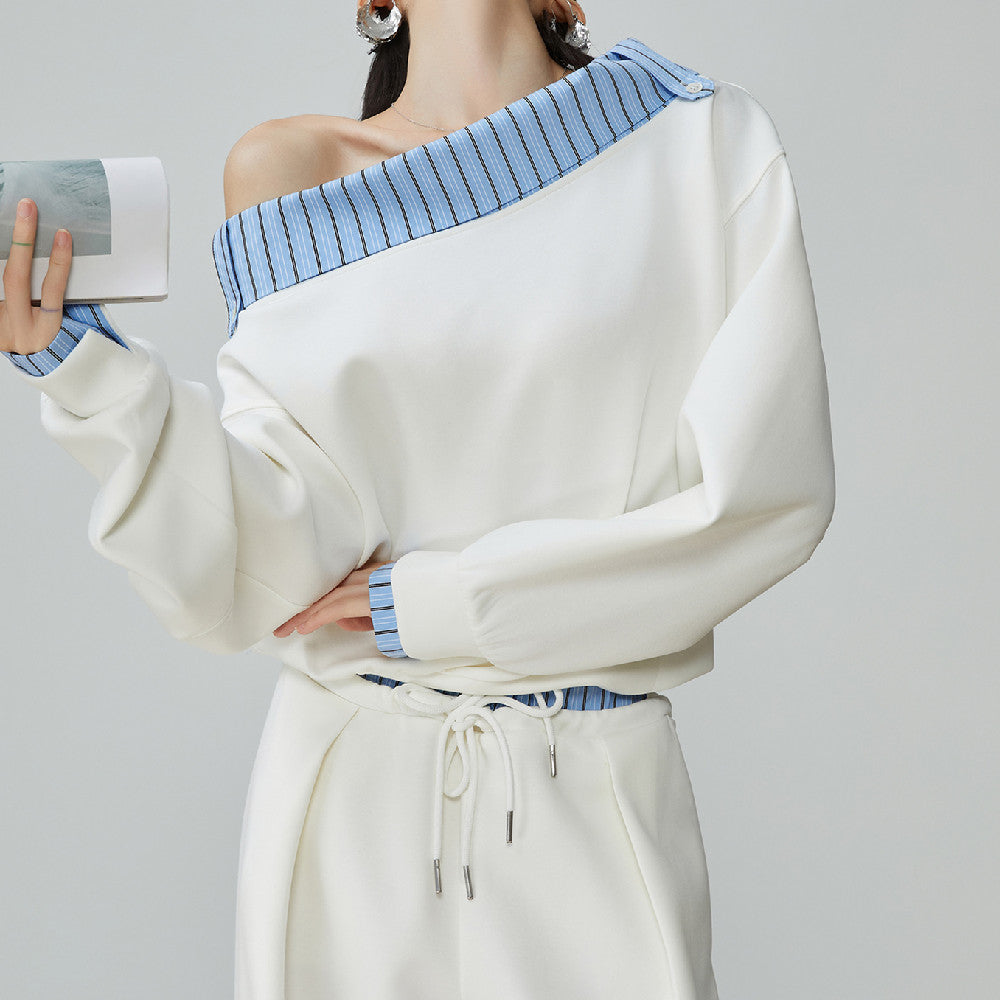 Two Piece Set Of Blue And White Striped Collared Sloping Shoulder Hoodie And Wide Leg Pants See size chart under “more details”