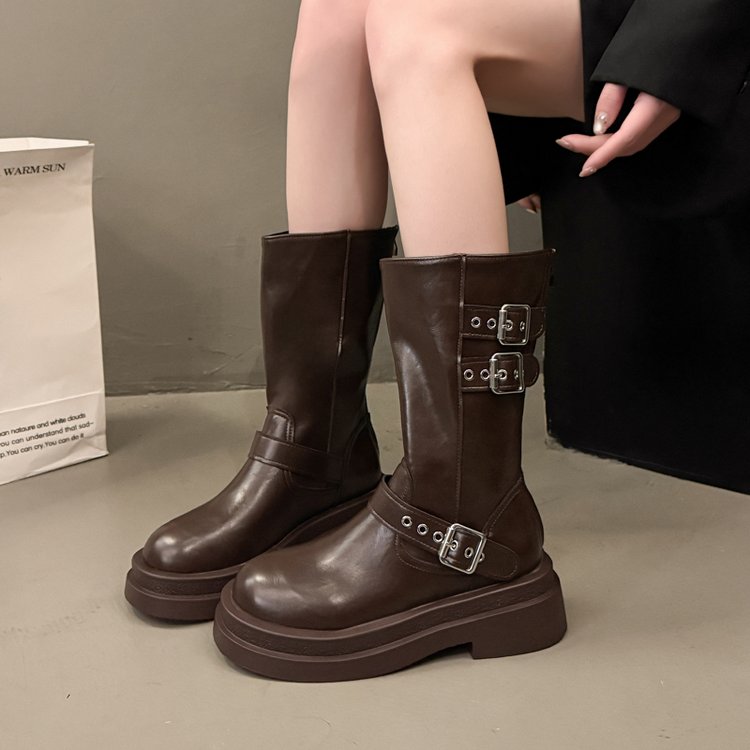 Women Fashion Boots Soft Leather Belt Buckle Flat Heel Western Cowboy Boots Summer New Retro Round Toe Mid Calf Knight Boots For Women