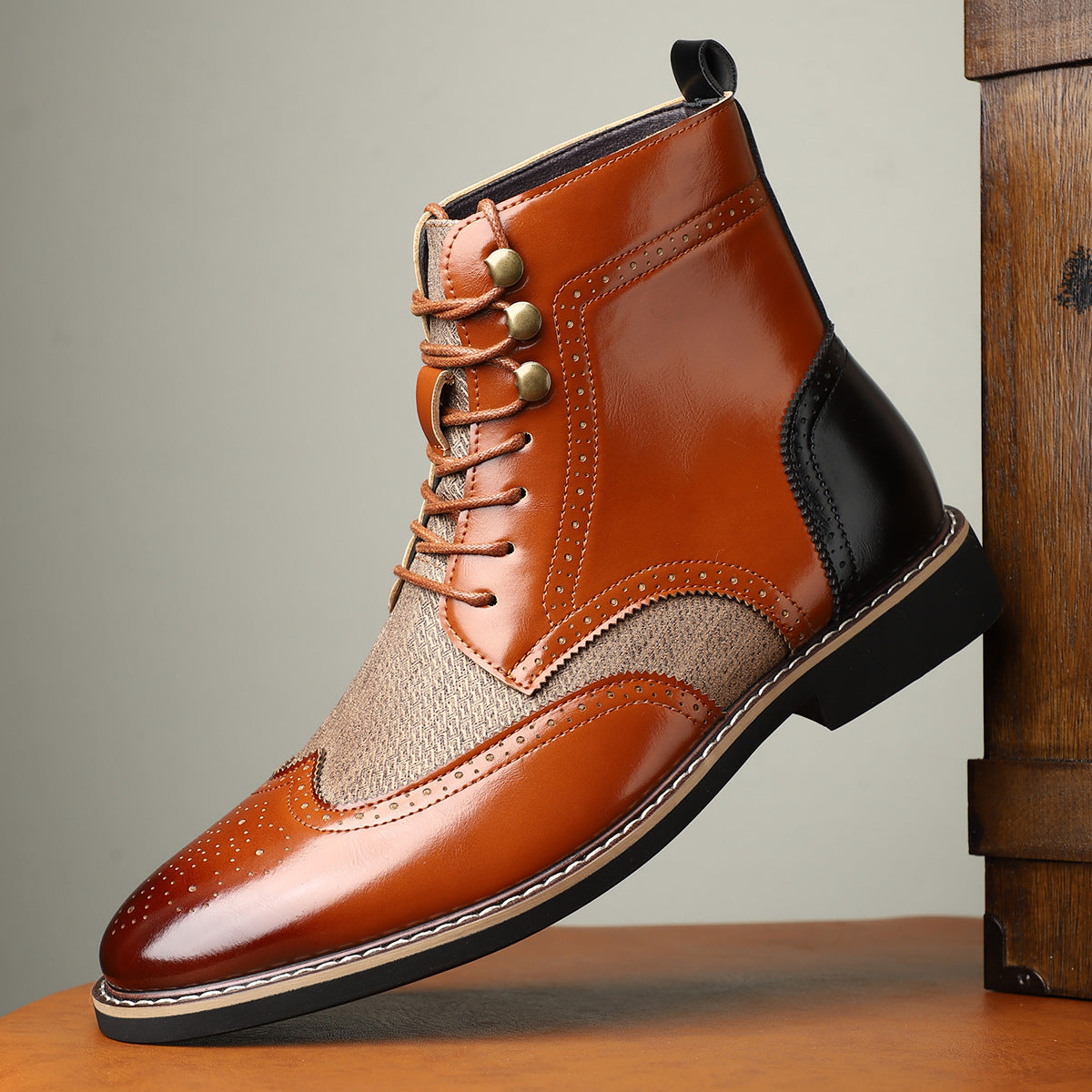 Men's British High Top Color Blocked Leather Boots