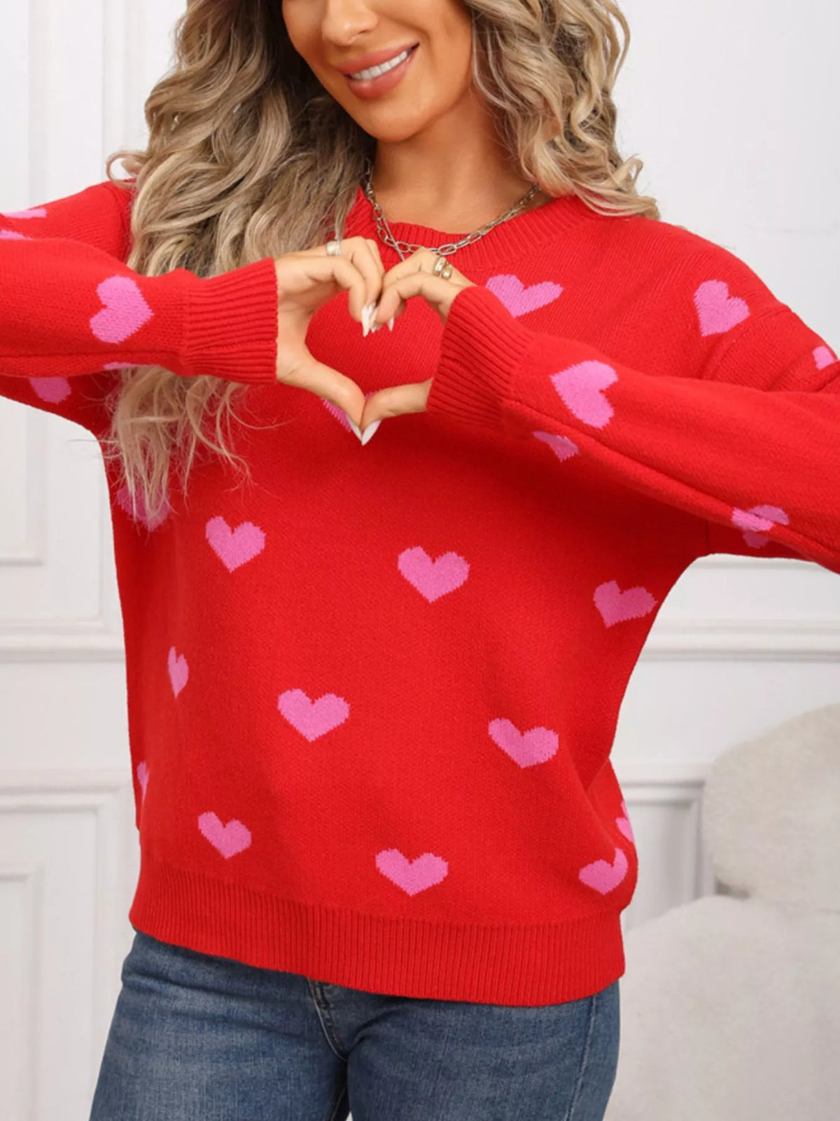 Valentine's Day Heart Pattern Dropped Shoulder Sweater