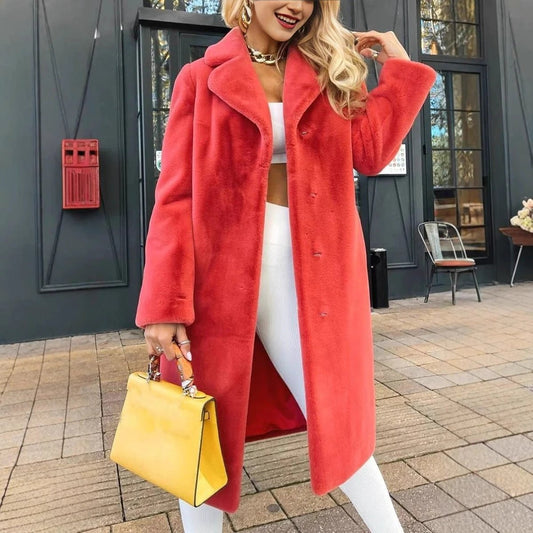 Abrigo largo de felpa para mujer con cuello vuelto y cordones, elegante y a la moda