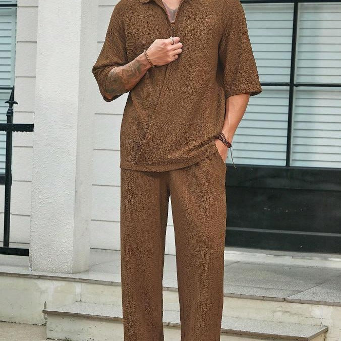 Trajes de Cercanías Camisa de Manga Corta y Pantalón Recto Suelto Atuendos Casuales Ropa de Hombre para Exteriores
