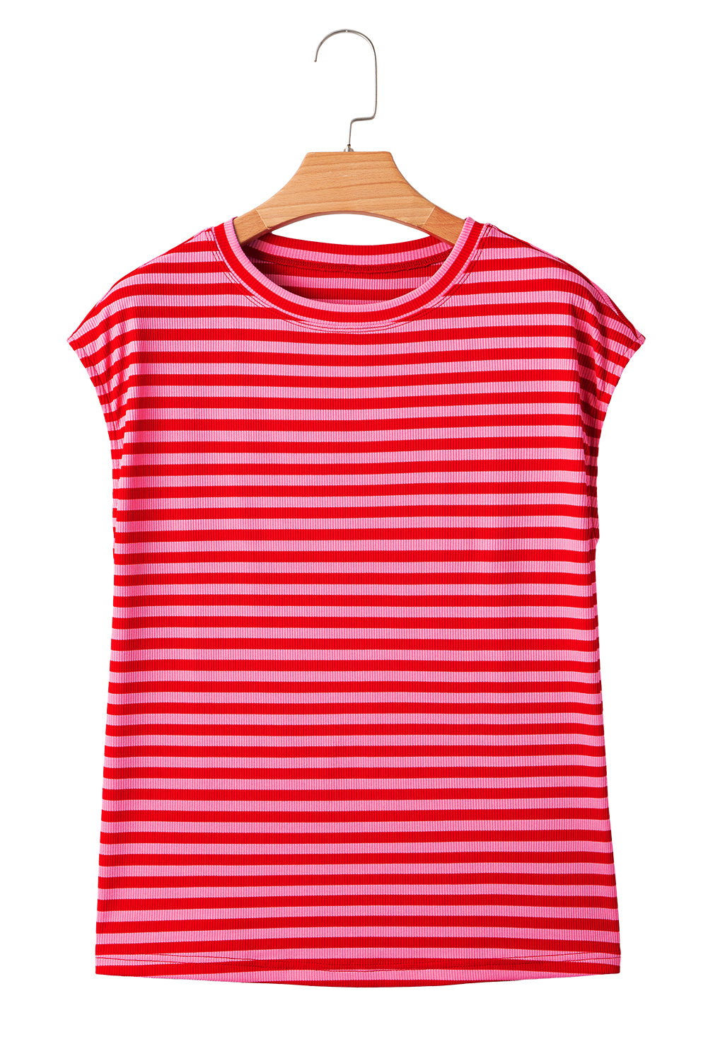 Camiseta de manga corta con cuello redondo, canalé y rayas rojas