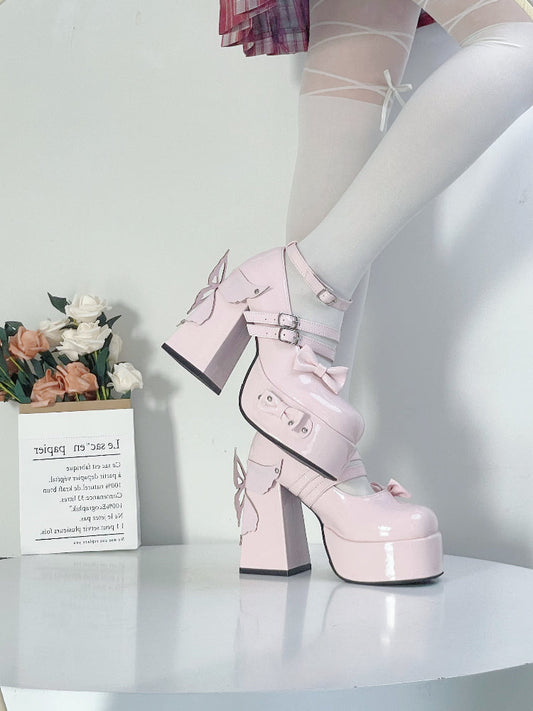 Rivet Bow Round Toe Bright Leather Platform Thick High Heels See size chart under “more details”