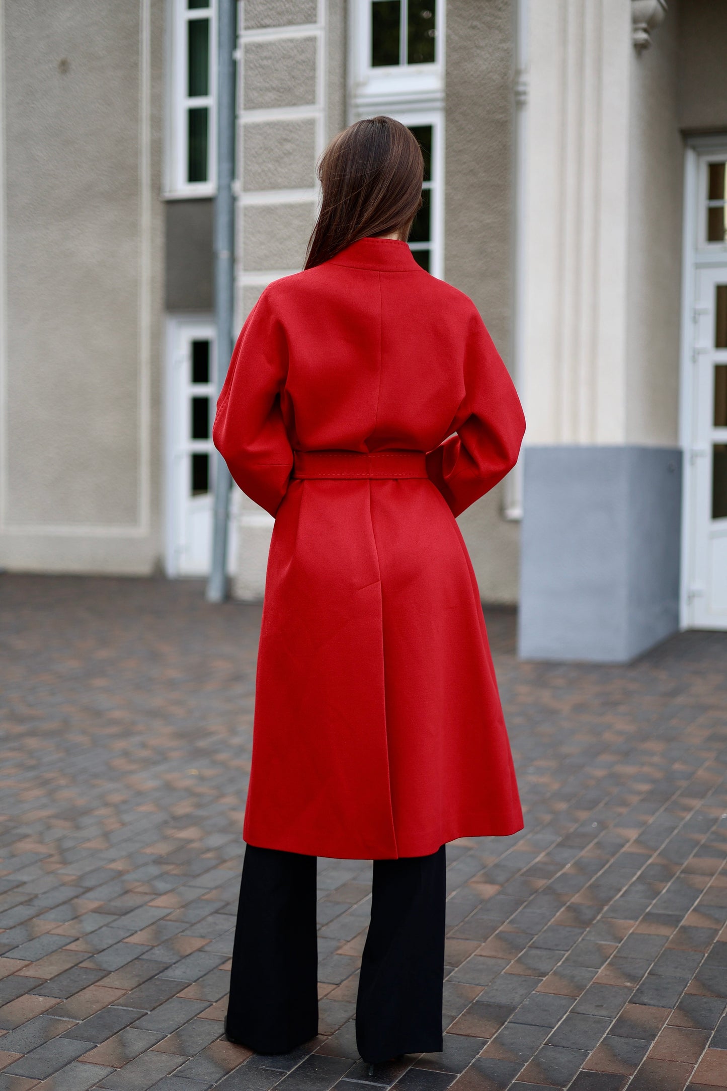 Abrigo de mezcla de lana con cuello mao en rojo otoño