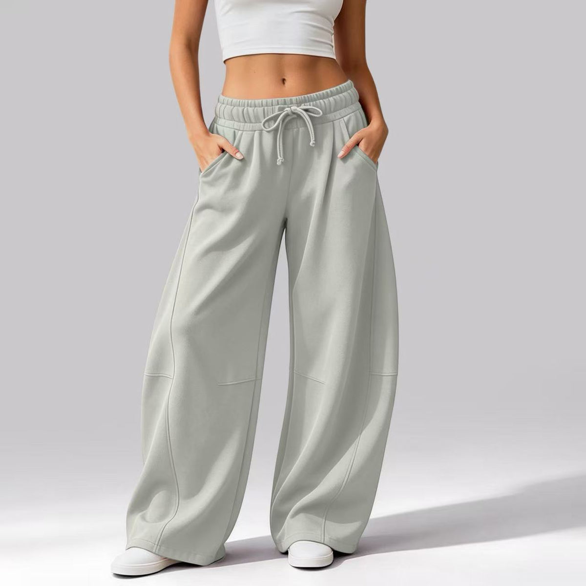 Women's Solid Color Casual Pocket Wide-Leg Pants, Fleece-Lined Drawstring Sweatpants