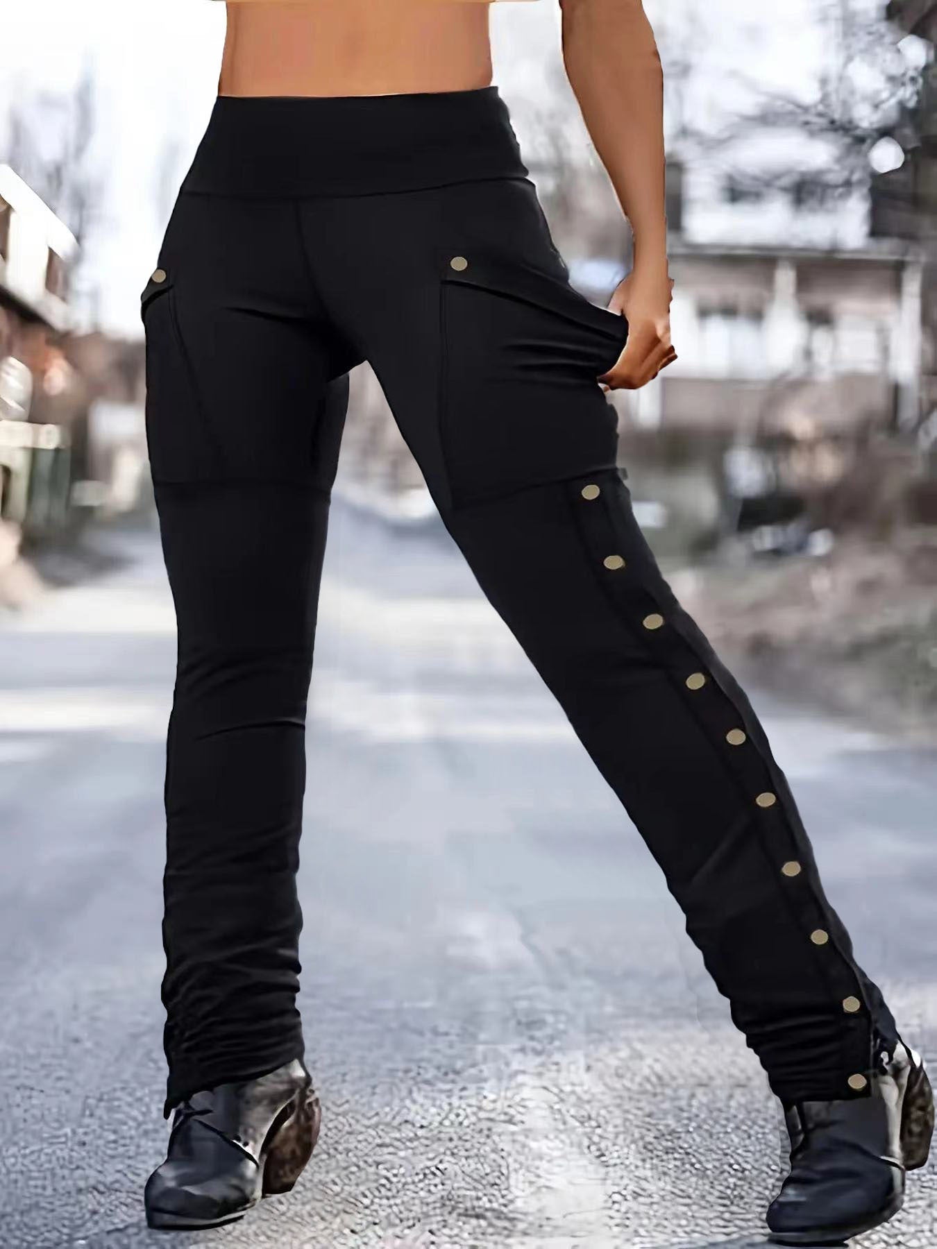 Women High Waist Stretch Cargo Pants Side Button Decor Flared Yoga Pants With Pockets Casual Trousers