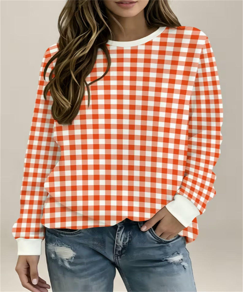 Women's Yellow White Gingham Print Crew Neck Sweatshirt, Long Sleeve Casual Pullover Top