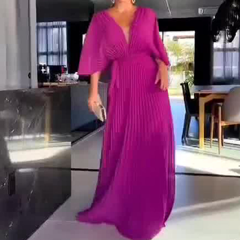 Women's Solid Color And V-neck Bat Sleeve High Waist Dress See size chart under “more details”