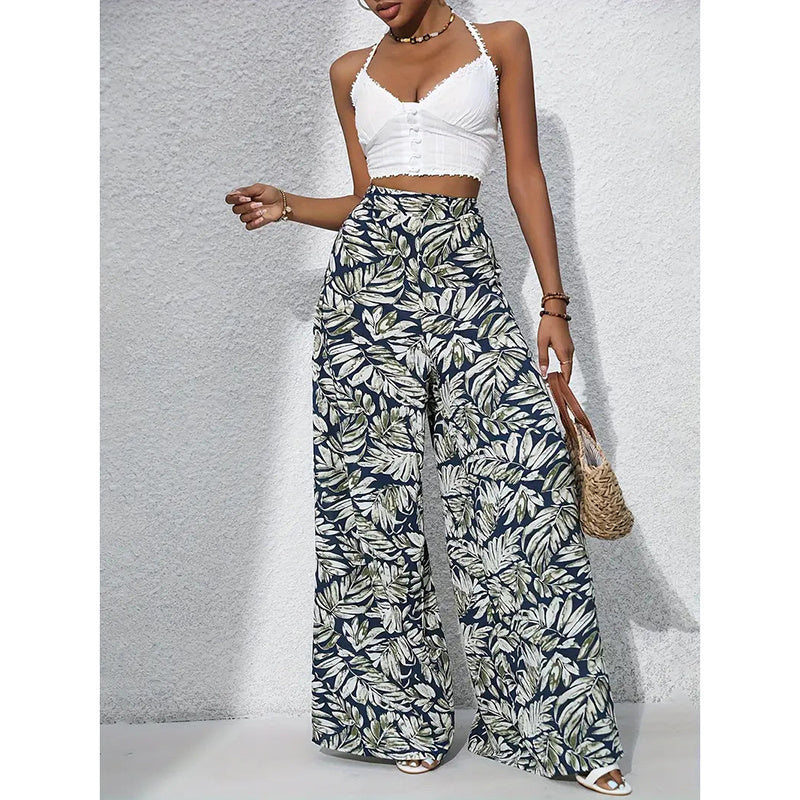 Pantalones palazo de mujer estampados de tiro alto y pierna ancha