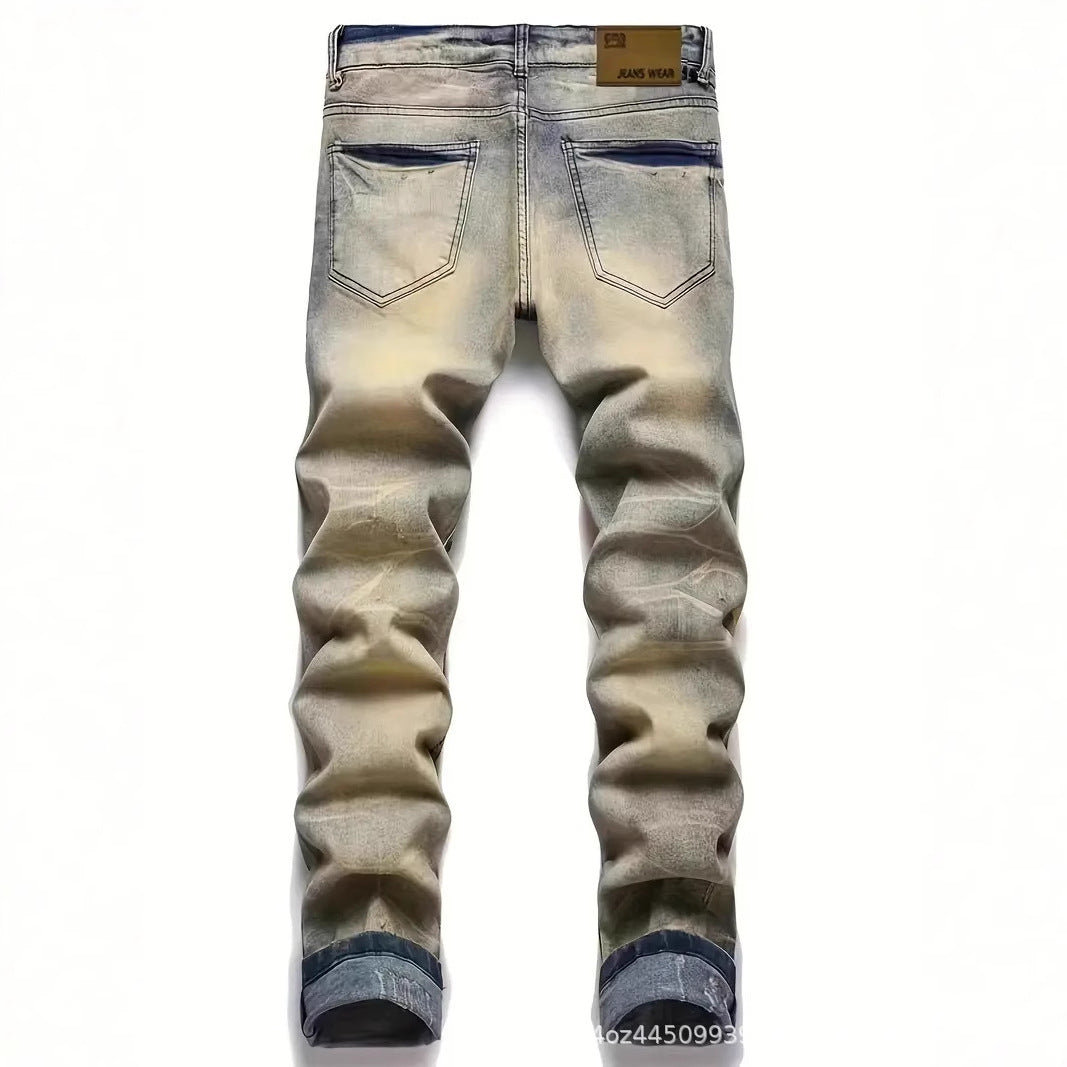 Slim-fit Stretch Ripped Embroidered Vintage Patch Jeans