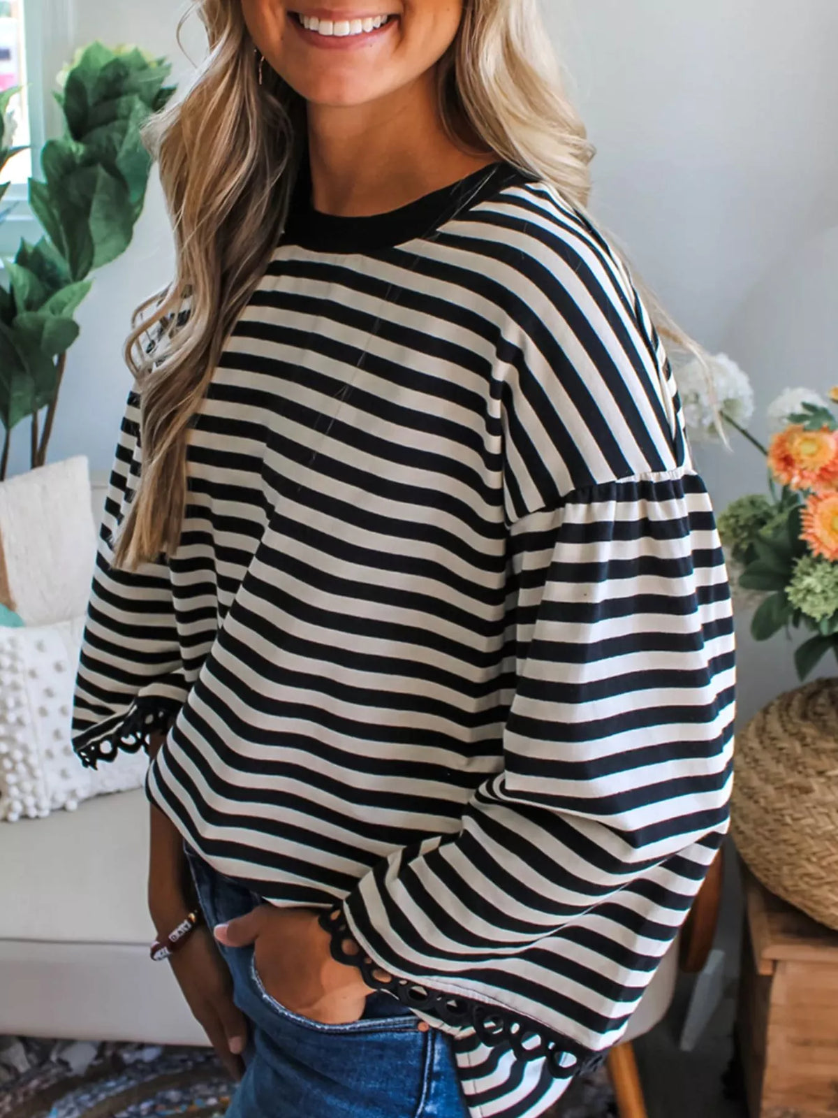 Striped Round Neck Bell Sleeve Top