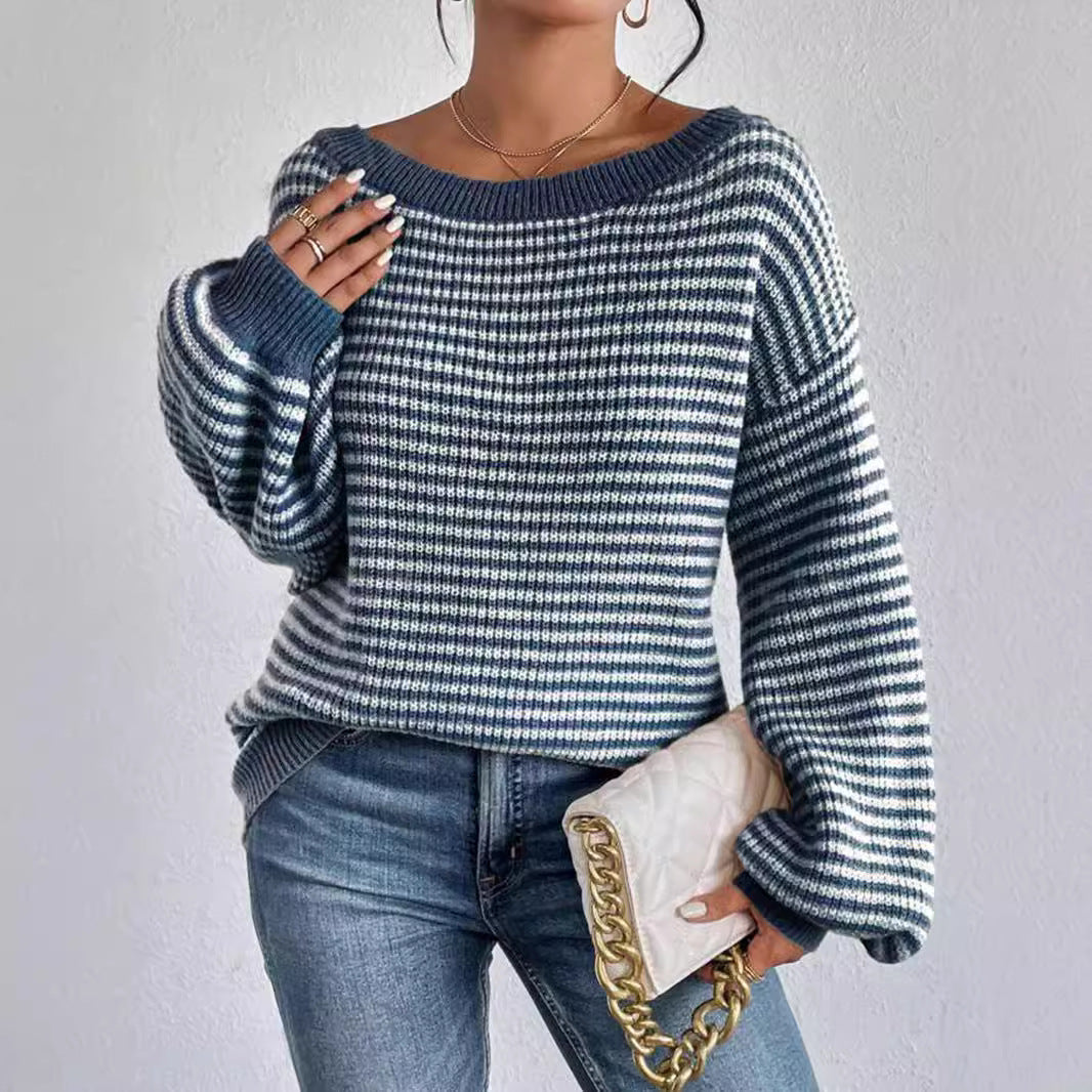 Off-The-Shoulder Knit Sweater With Loose Fit, Color-Blocked Stripes, Lantern Sleeves, Women's European And American Style Red Sweater, Autumn And Winter, High-End Feel