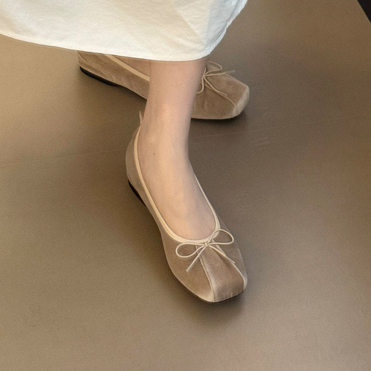 Women Square Toe Soft Leather Bow Decor Ballet Flats, Elegant Shallow Cut Slip-on Casual Shoes