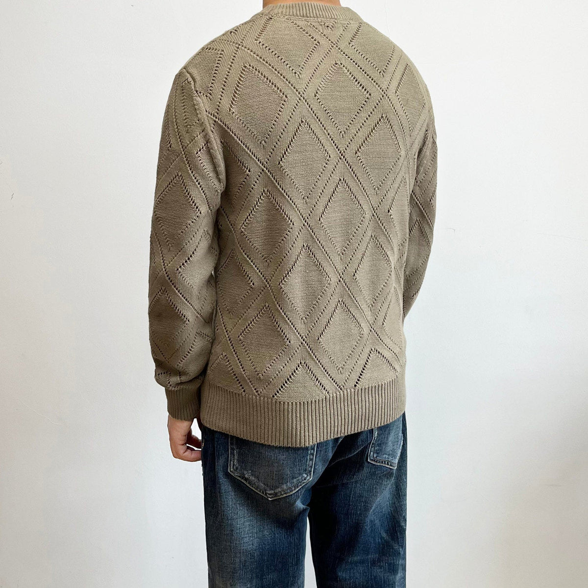 Popular Solid-color Diamond-pattern Casual Cotton Knit Sweater