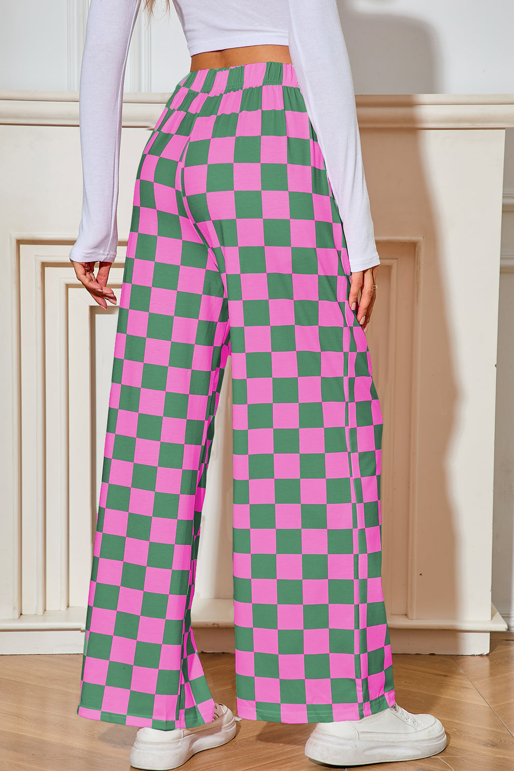 Pantalones de pata ancha de talle alto con estampado a cuadros verdes
