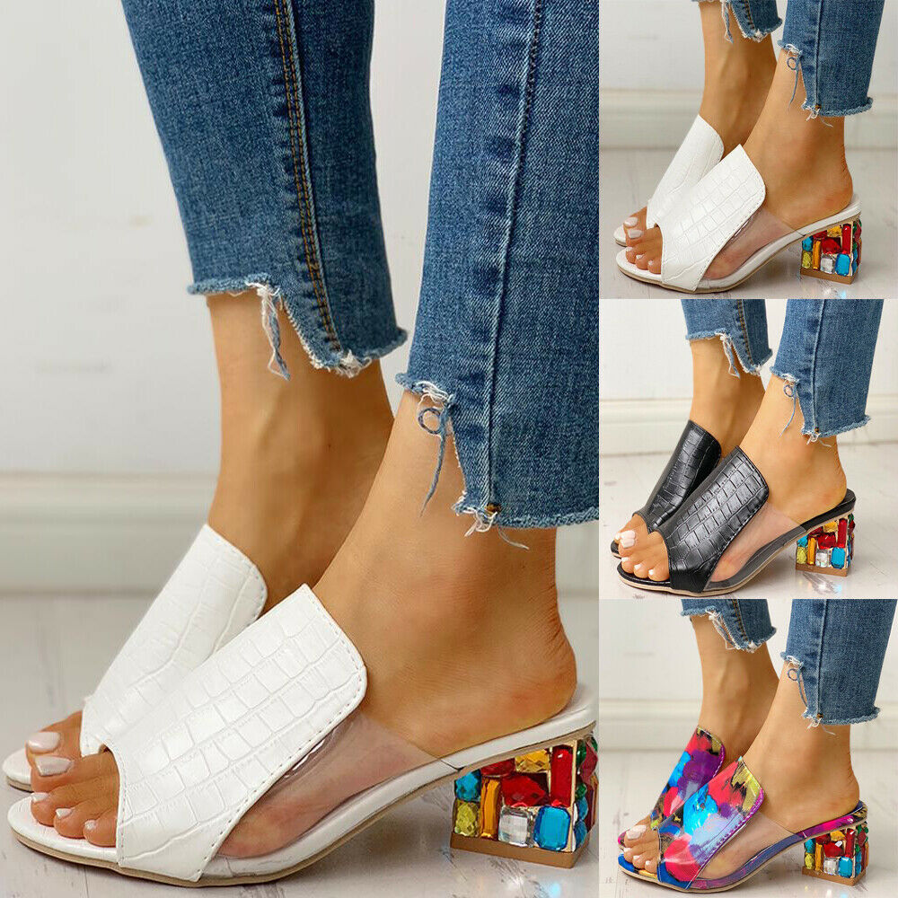 Fish Mouth Rhinestone Thick Heel Sandals