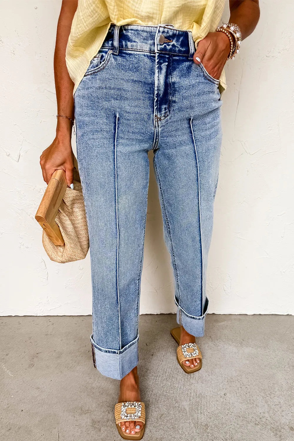 High-Waisted Wide-Leg Cuffed Jeans