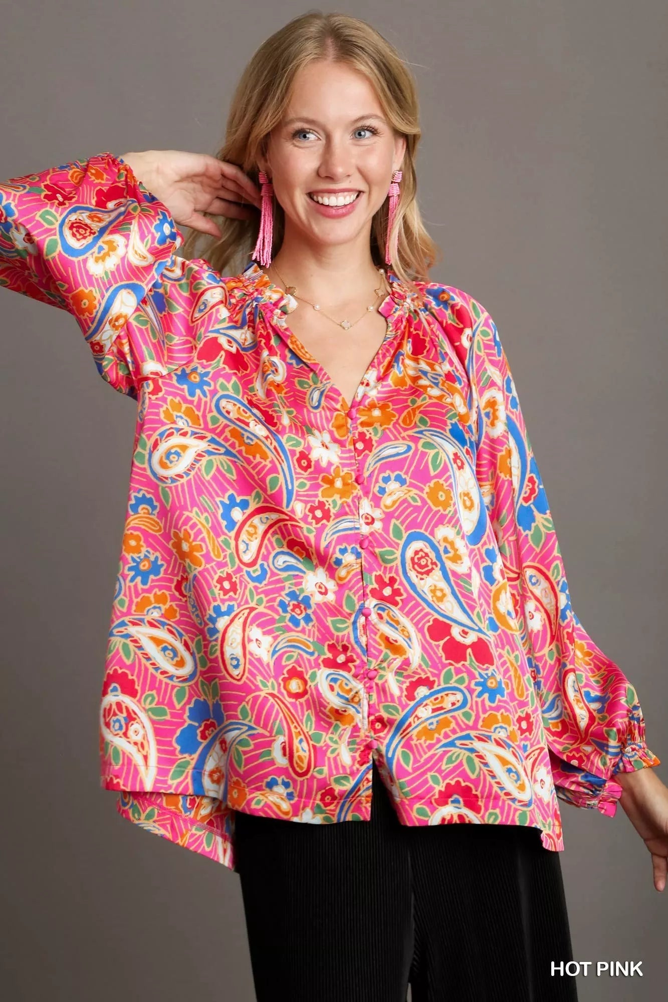 Full Size Satin Paisley Ruffle Neck Button-Up Shirt Plus Size
