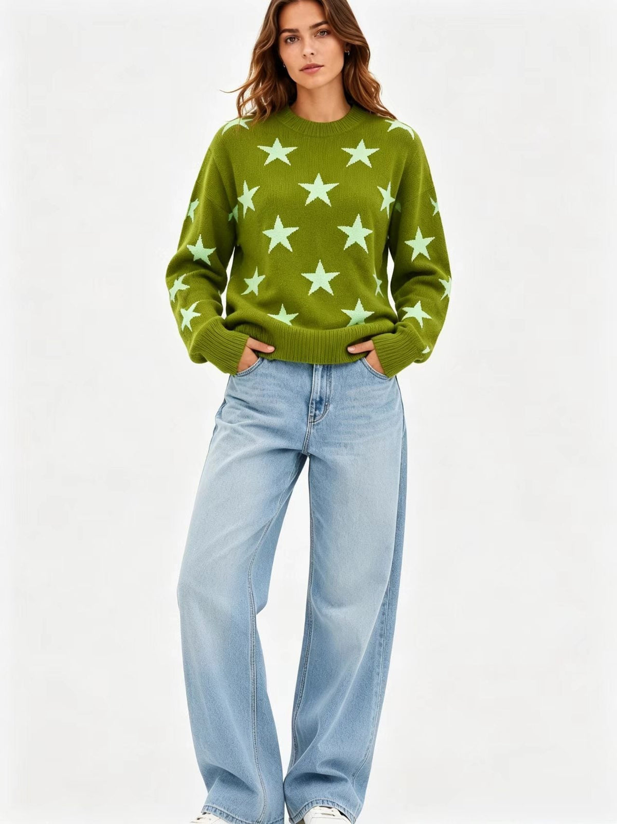 Womens Retro American-Style Star Jacquard Crew-Neck Sweater