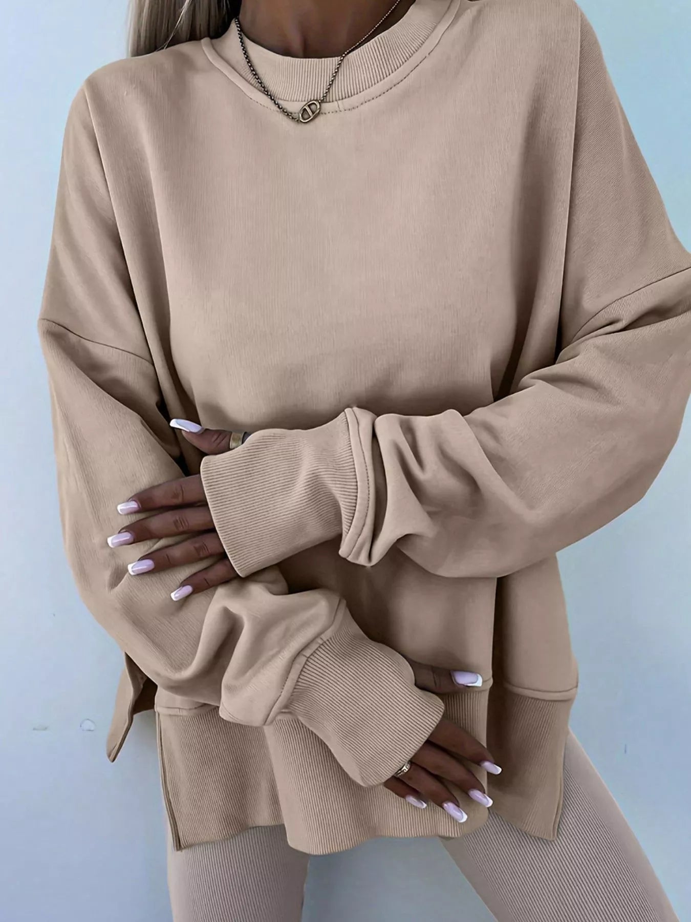 Conjunto de Sudadera Extragrande con Abertura y Leggings Acanalados de 2 Piezas