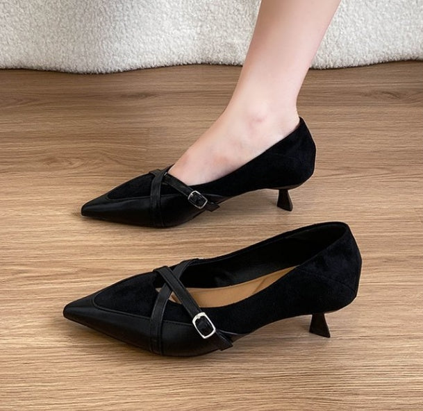 Women French Vintage Pointed Toe Stiletto Heels, Leather Buckle Low Cut Pumps, Gorgeous Cross Strap Fashion Shoes