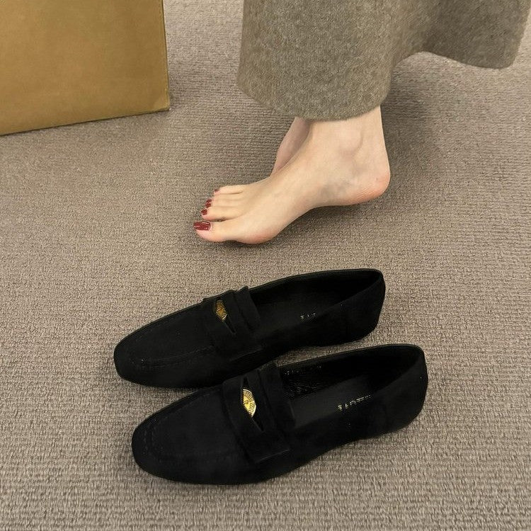 Suede Loafer Flats with Buckle Detail
