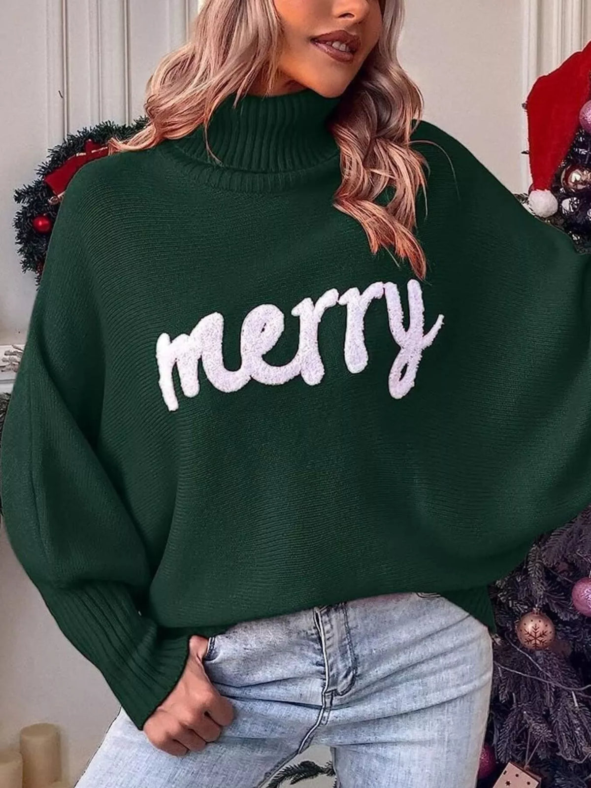 Merry Turtleneck Long Sleeve Christmas Sweater