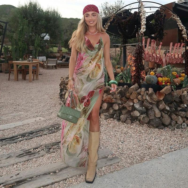 See-through Print Holiday Dress Ladies