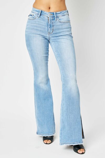 Judy Blue Full Size Mid Rise Raw Hem Slit Flare Jeans up to 24W