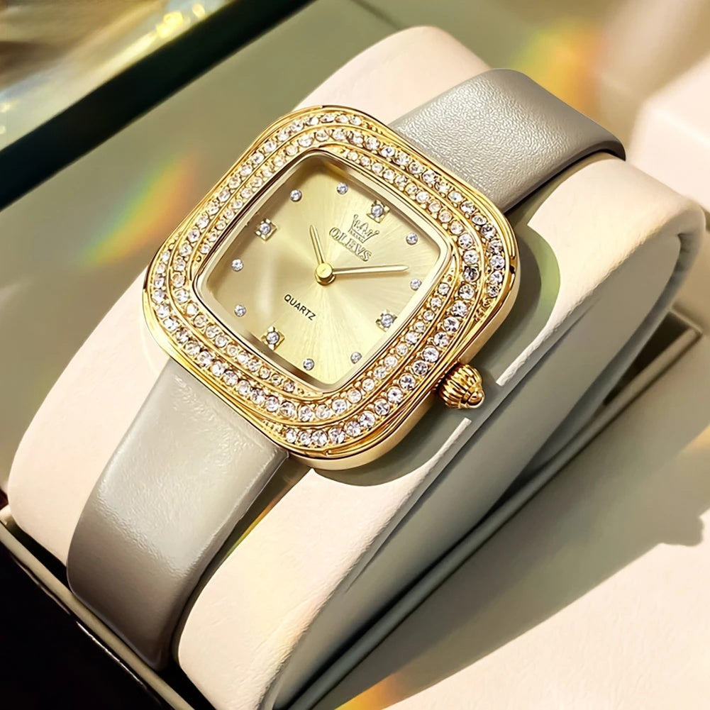 Women's Square Crystal Bezel Leather Watch